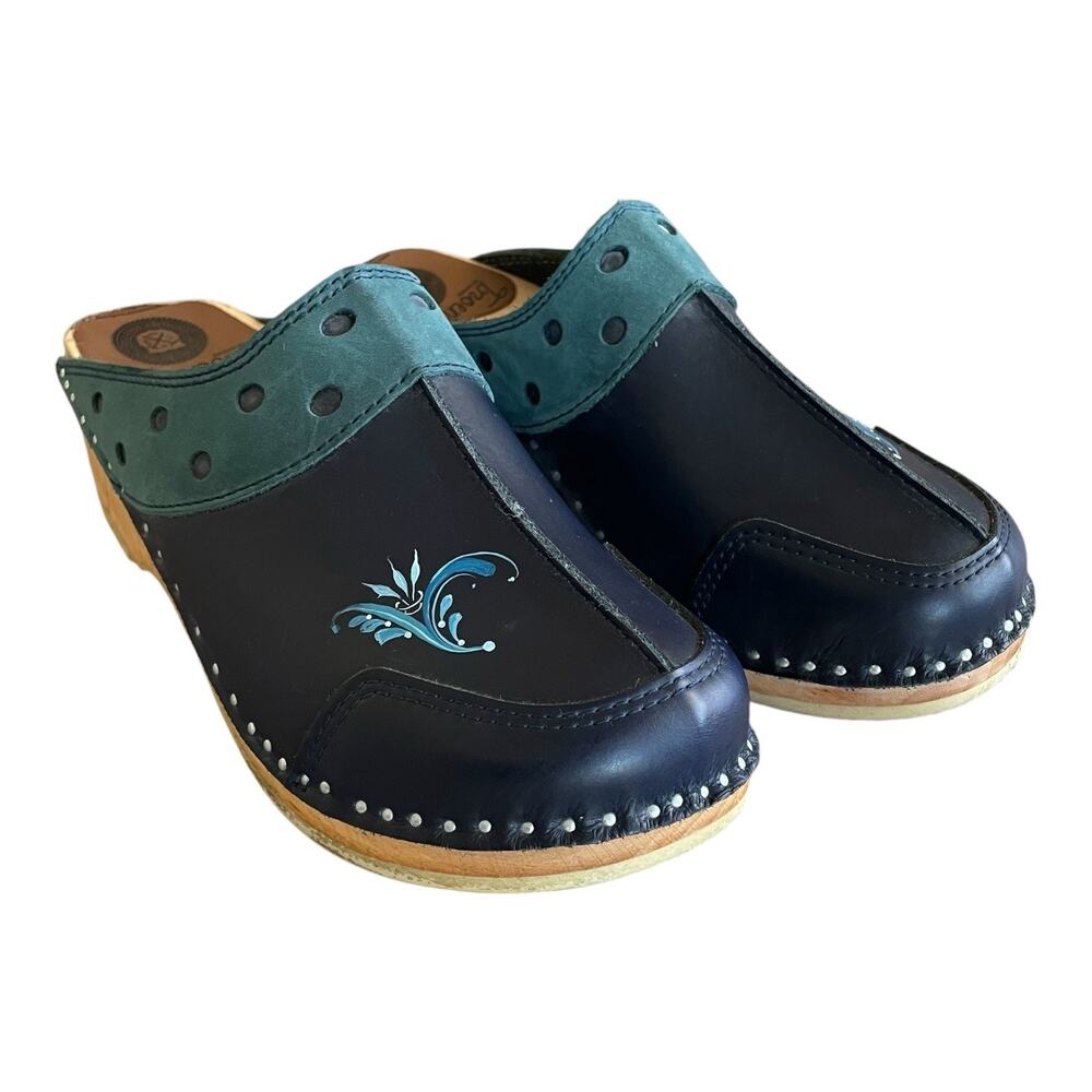 TROENTORP Women's Size 38 Blue Hand-Painted Leather Slip-On Sweden Wooden Clogs